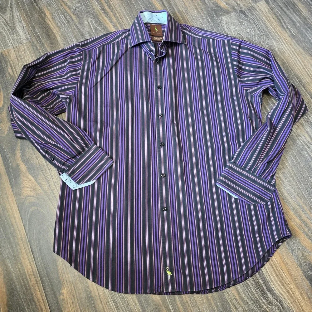 Tailorbyrd Mens Purple Black Striped 100% Cotton Long Sleeve Button Down Shirt L